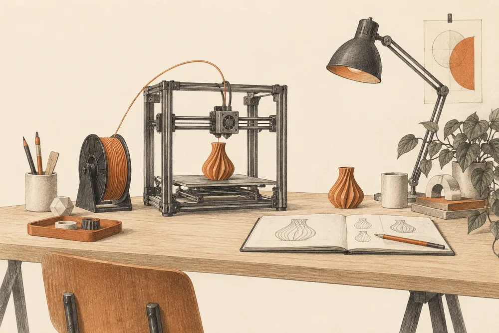 Workbench / printer: AI-generated concept illustration, not a product photograph or scale reference